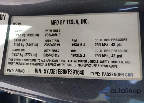 2019 Tesla Model 3 Long Range/Performance from USA, damaged, VIN 5YJ3E1EB0KF391640